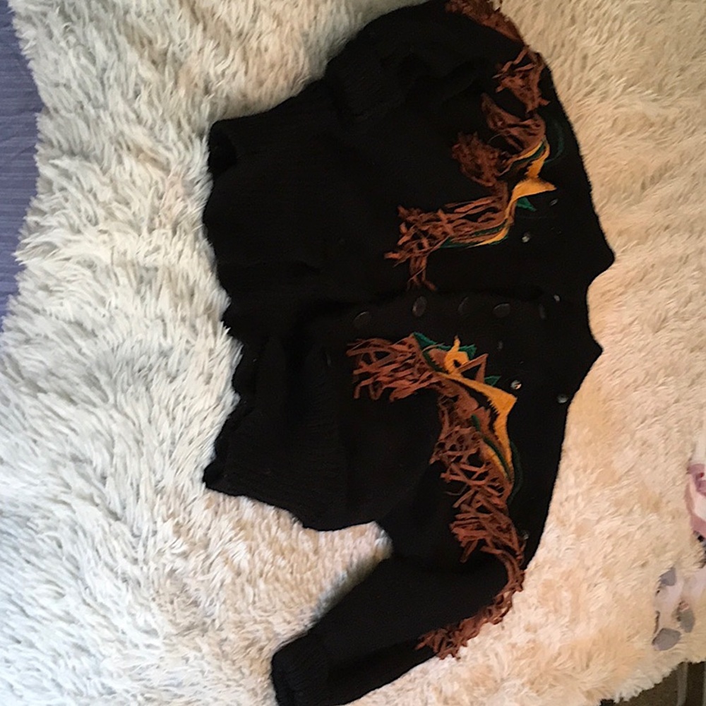 Western fringe sweater /cardigan.  Green and yellow decor